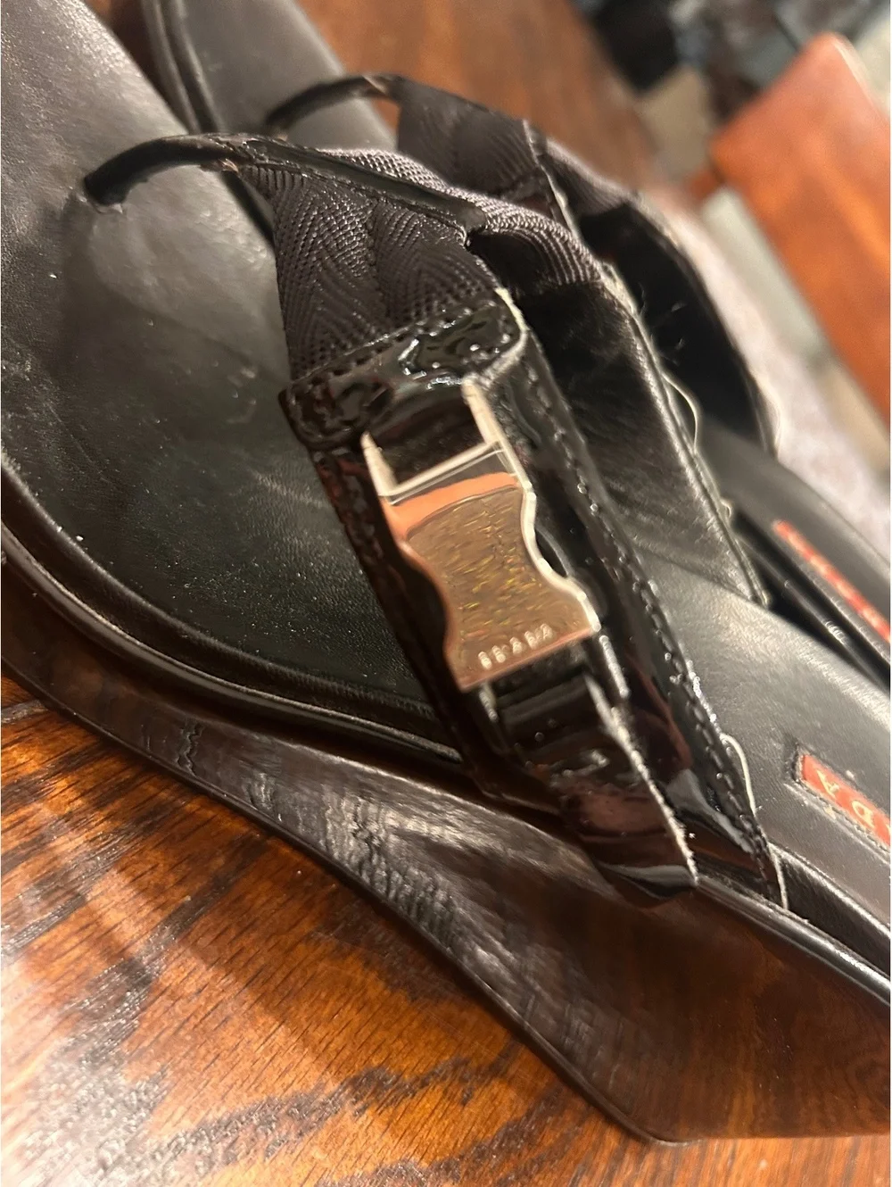 Prada Black Wedge Thong Sandals with Buckle Detail